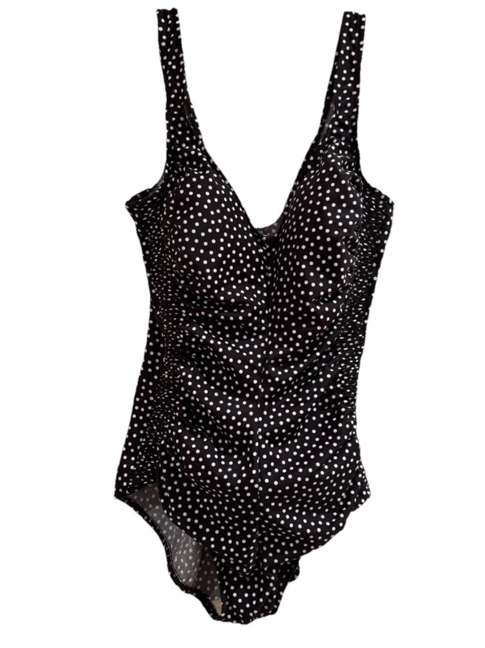 Maxine One Piece Swim Size 14 Brown/White Polka Dot Ruched Sides Tummy Control
